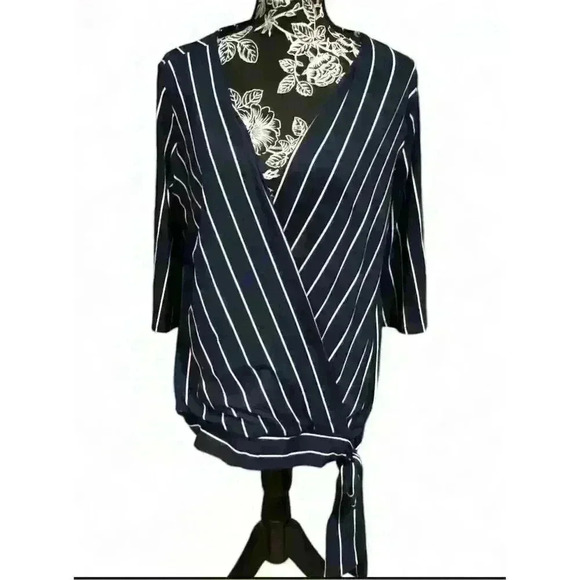 Women's Blue Striped V-Neck Wrap Blouse 3/4 Sleeve Size Large - Picture 1 of 5